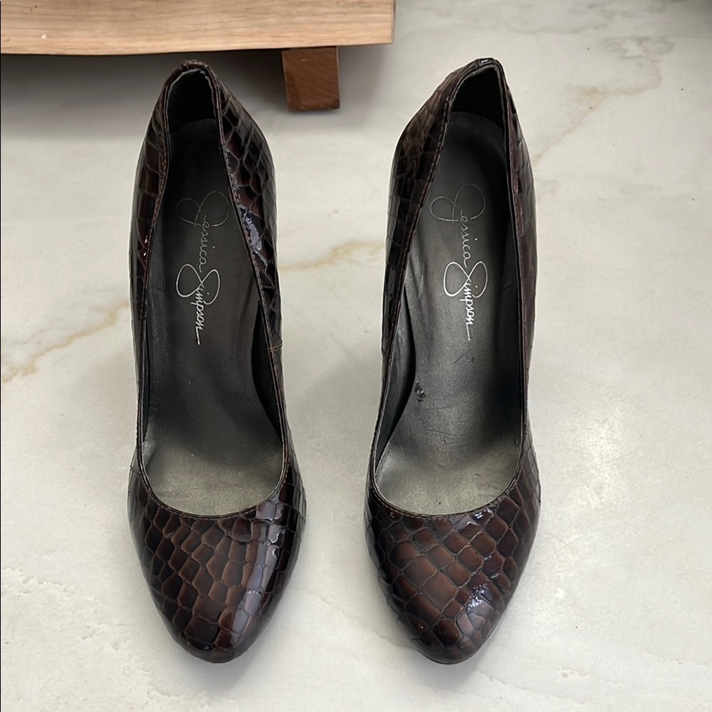 Jessica Simpson Dark Brown Croc-Embossed Heels